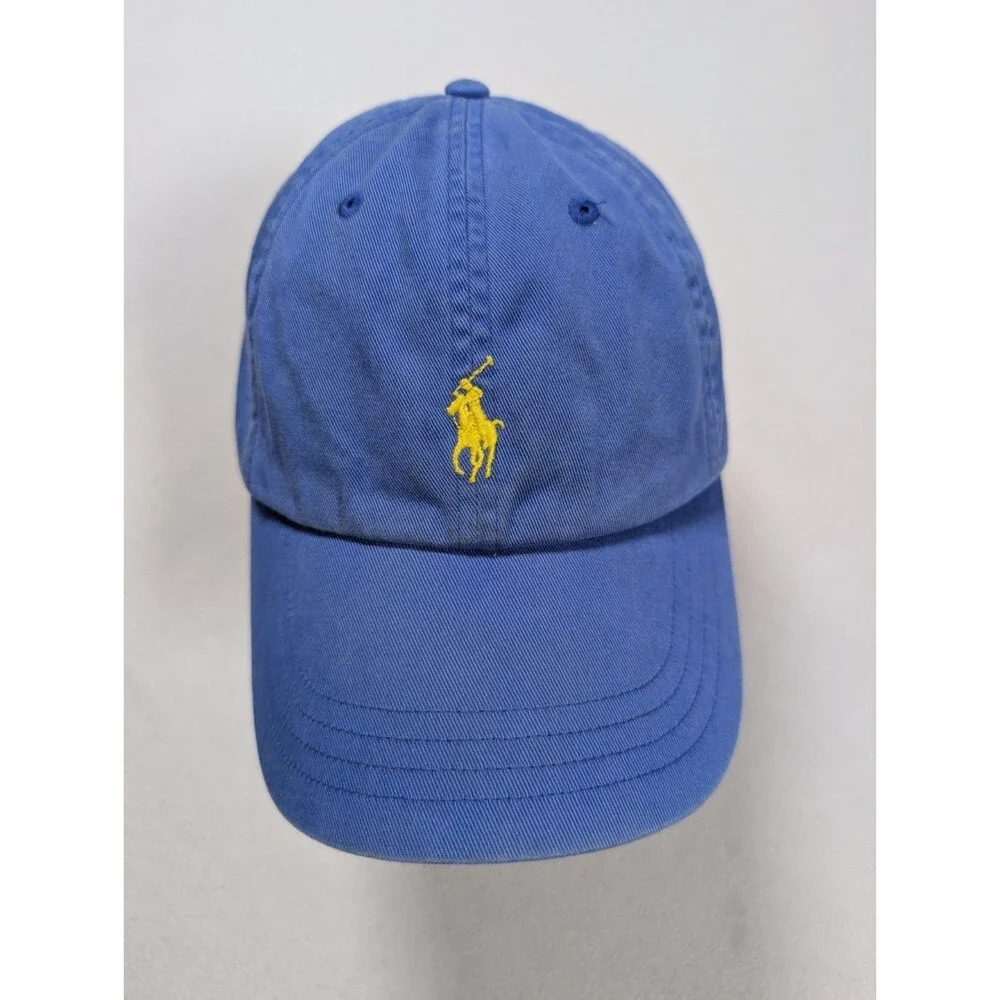 Vintage 90’s POLO Ralph Lauren Blue Yellow Pony Leather Strap Dad Hat Cap Y2K
